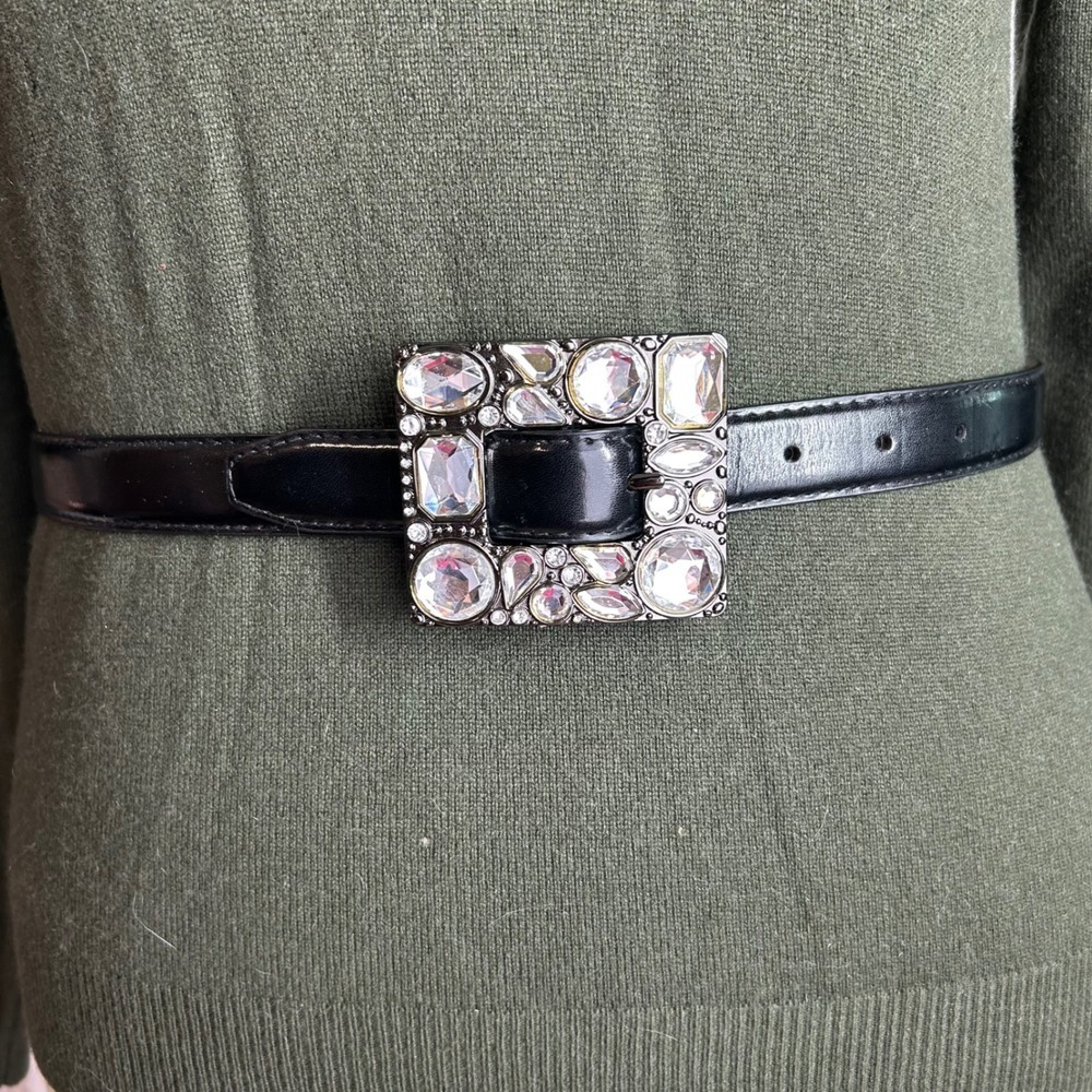 Crystal Buckle Belt Women L Black Rhinestone Statement Y2K Glam